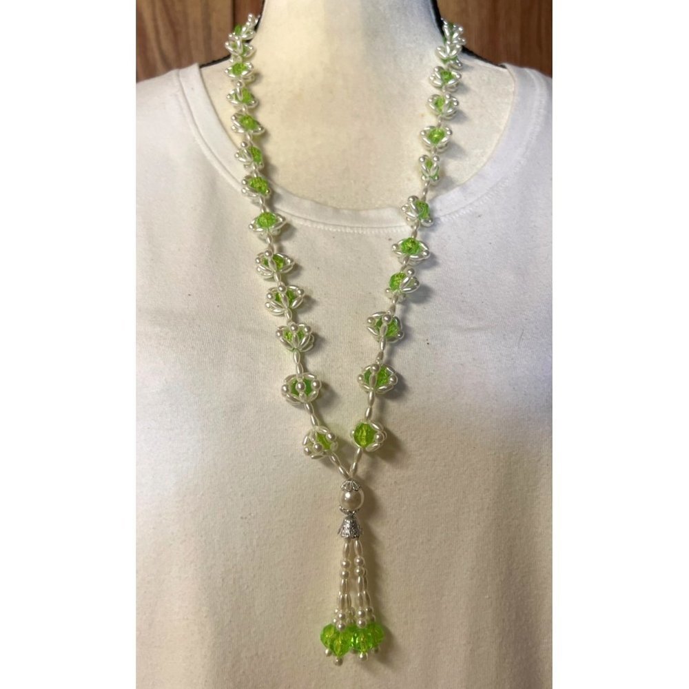 Green Crystals in a Pearl Cage Tassel Necklace -- 30"